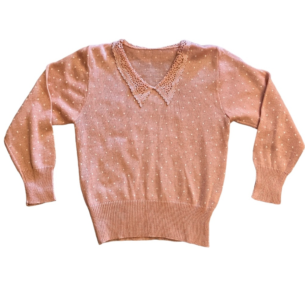 Vintage Inspired Polka Dot Knit Sweater Pink Peter Pan Lace Collar